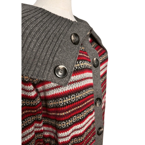 Eddie Bauer Women's Gray Burgundy Fair Isle Collared Cardigan Medium Norwegian - Picture 5 of 6